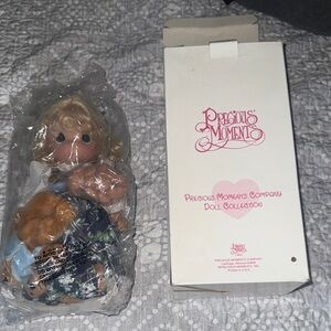 Precious Moments Blonde Doll with Blue Floral Dress and Brown Bear